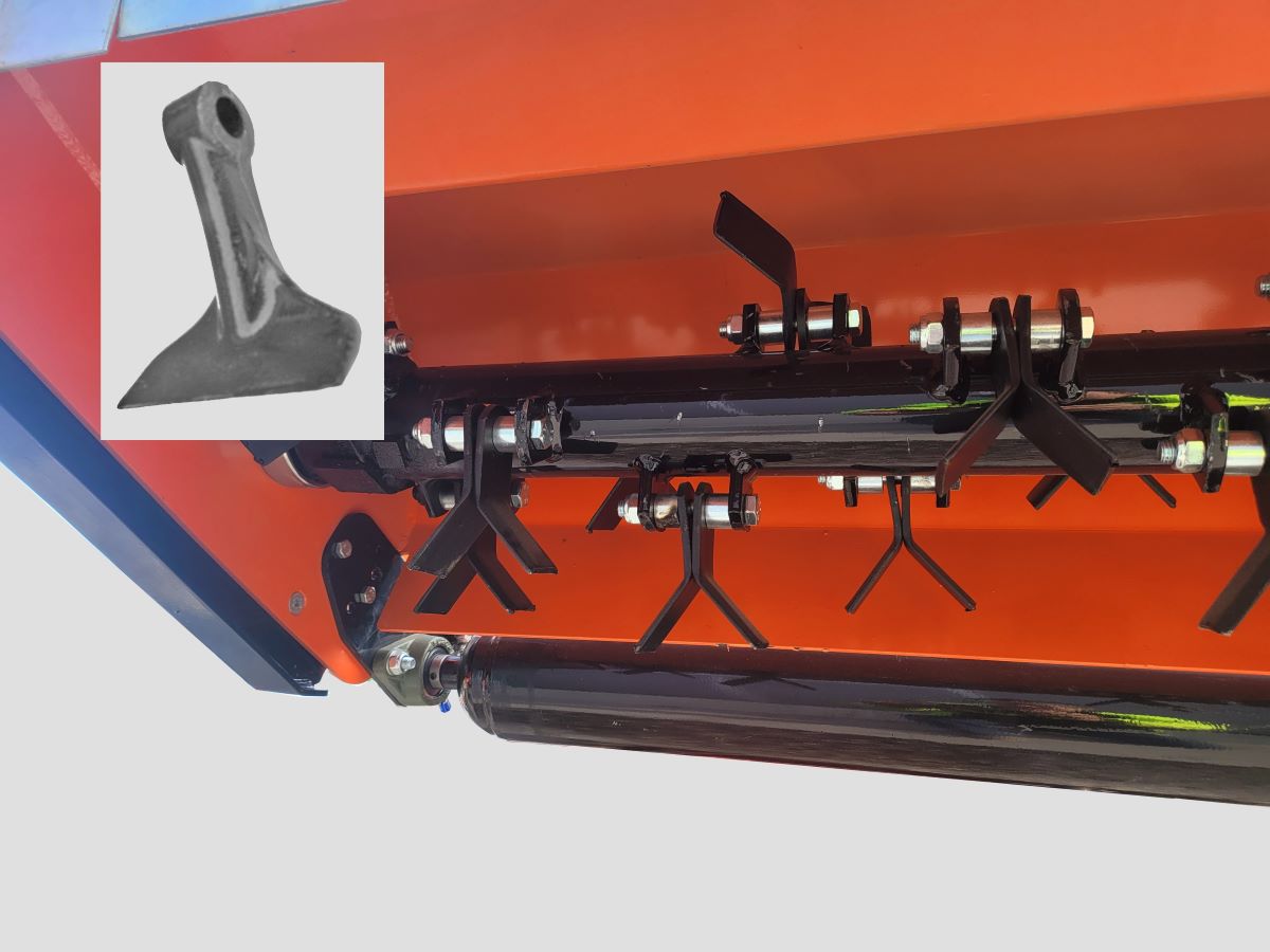 <p><strong>Rotor</strong> mulčovače Dabaki EF je standardně osazen <strong>Y-noži</strong>. Ty jsou vhodnější pro čisté, travnaté porosty. Mají delší řeznou plochu a mají nižší nároky na výkon traktoru.</p>
<p>Rotor lze osadit i železo-litinovými <strong>T-kladívky</strong>.</p>
